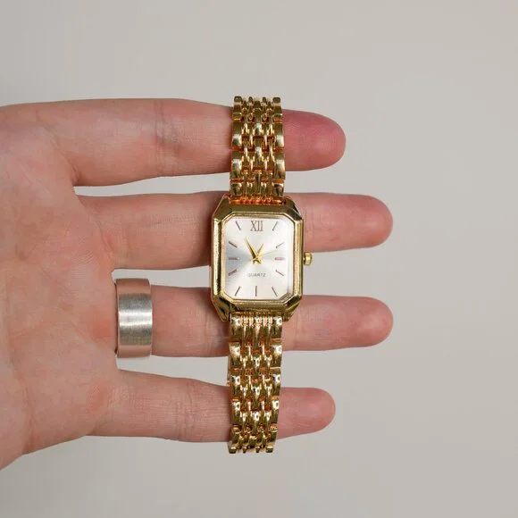 Gold Rectangle Analog Watch White Dial - Picture 2 of 12